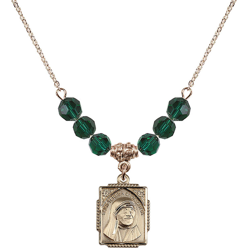 14kt Gold Filled Saint Teresa of Calcutta Birthstone Necklace with Emerald Beads - 0804