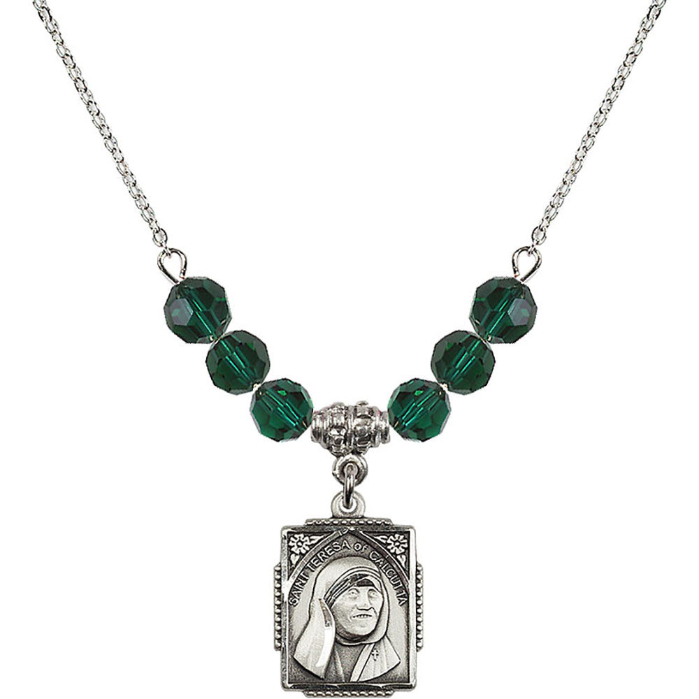 Sterling Silver Saint Teresa of Calcutta Birthstone Necklace with Emerald Beads - 0804