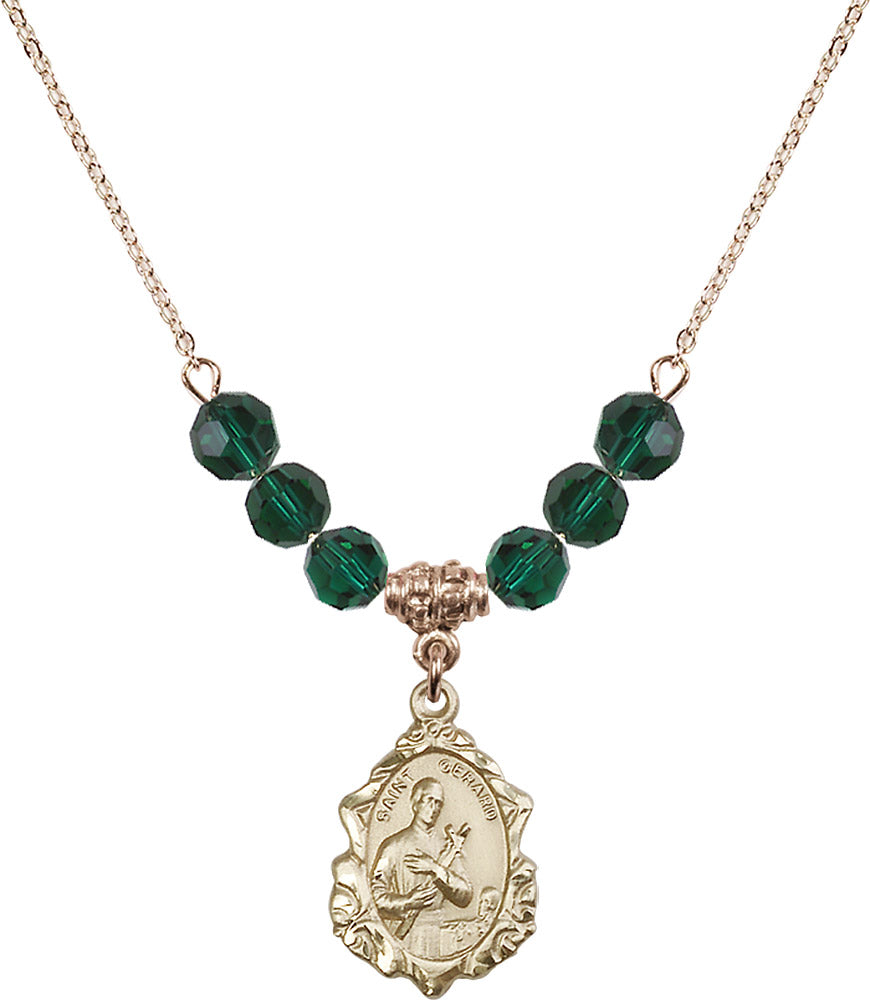 14kt Gold Filled Saint Gerard Birthstone Necklace with Emerald Beads - 0822
