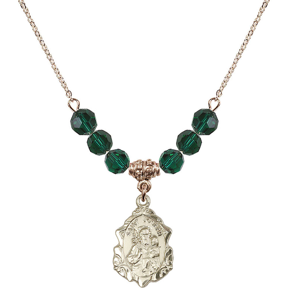 14kt Gold Filled Saint Joseph Birthstone Necklace with Emerald Beads - 0822