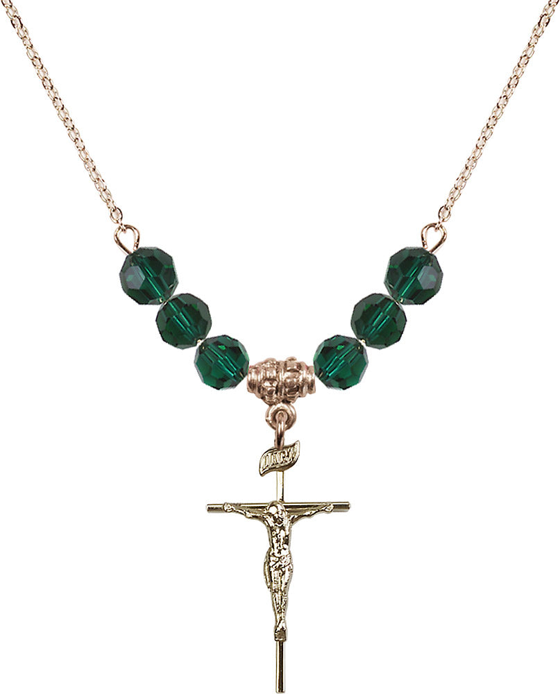14kt Gold Filled Crucifix Birthstone Necklace with Emerald Beads - 1535