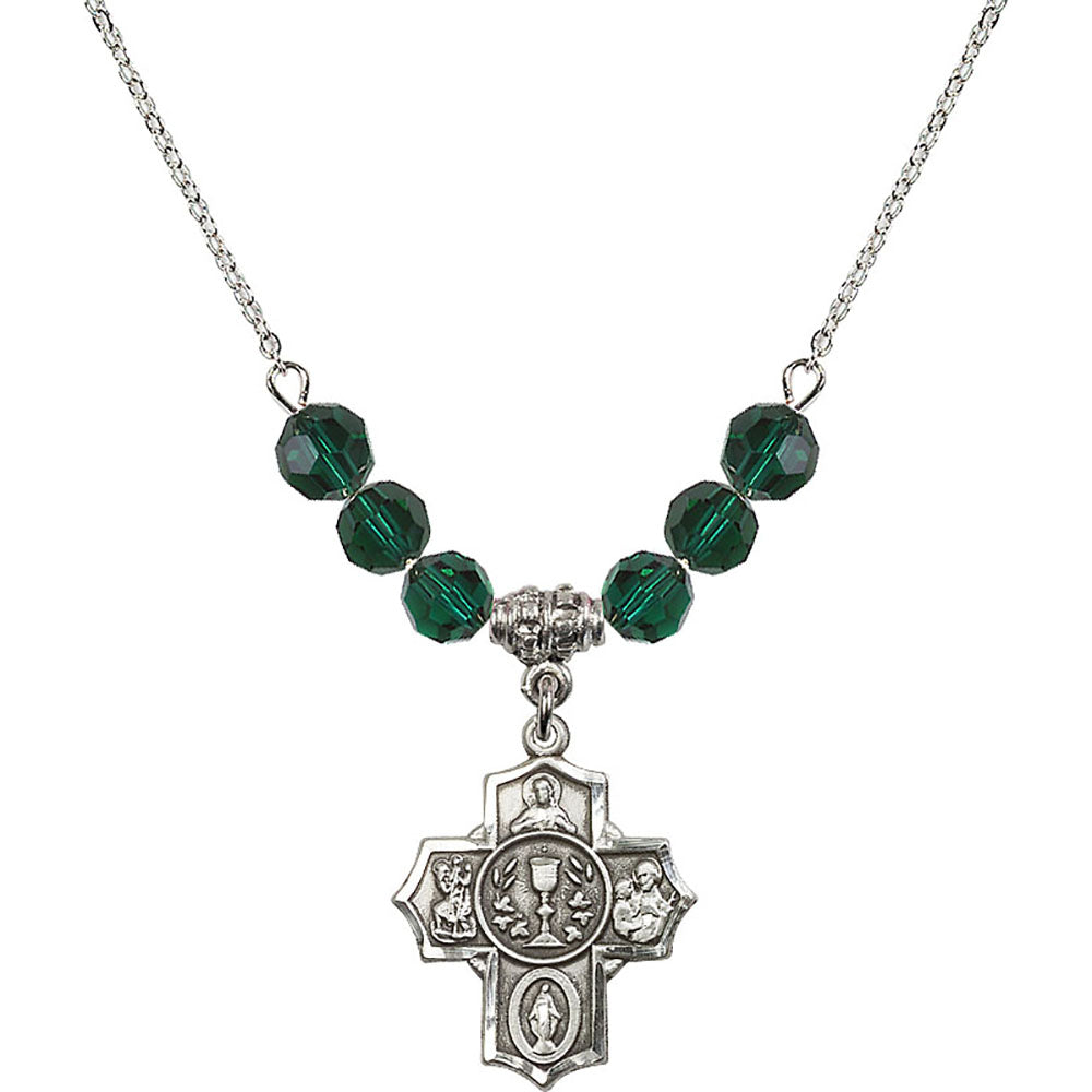 Sterling Silver Communion/5-Way Birthstone Necklace with Emerald Beads - 2004