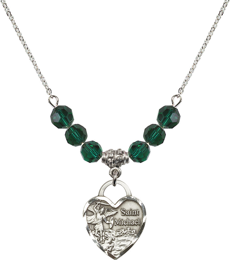 Sterling Silver Saint Michael the Archangel Birthstone Necklace with Emerald Beads - 3203
