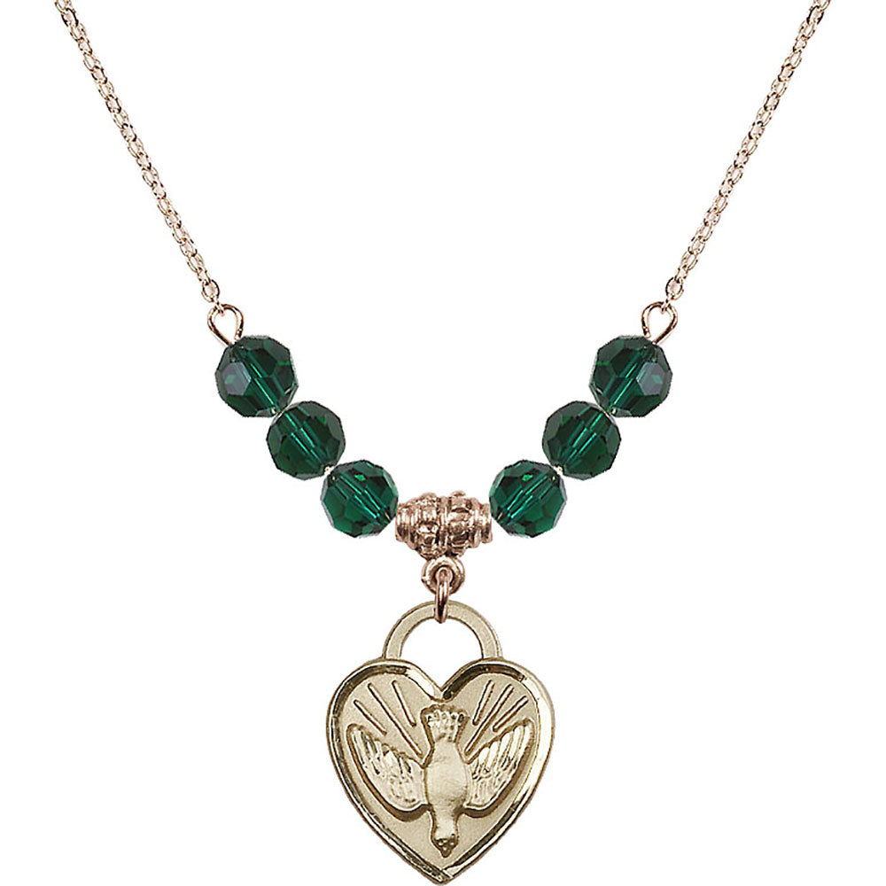 14kt Gold Filled Confirmation Heart Birthstone Necklace with Emerald Beads - 3205