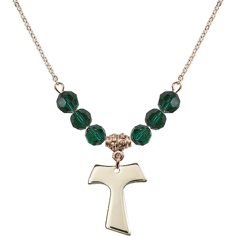 14kt Gold Filled Tau Cross Birthstone Necklace with Emerald Beads - 3948