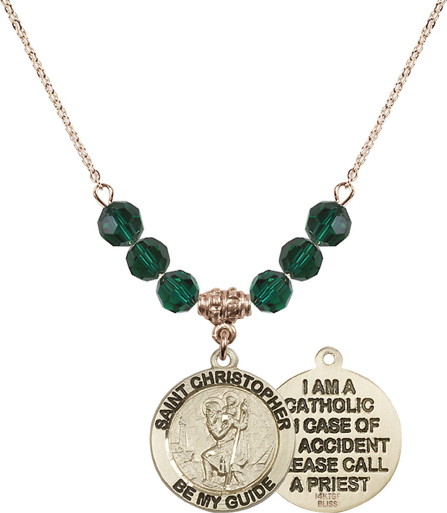 14kt Gold Filled Saint Christopher Birthstone Necklace with Emerald Beads - 4049