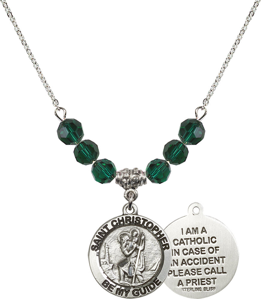 Sterling Silver Saint Christopher Birthstone Necklace with Emerald Beads - 4049