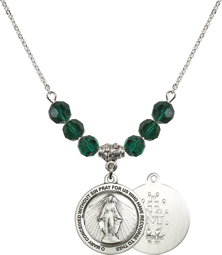 Sterling Silver Miraculous Birthstone Necklace with Emerald Beads - 4056