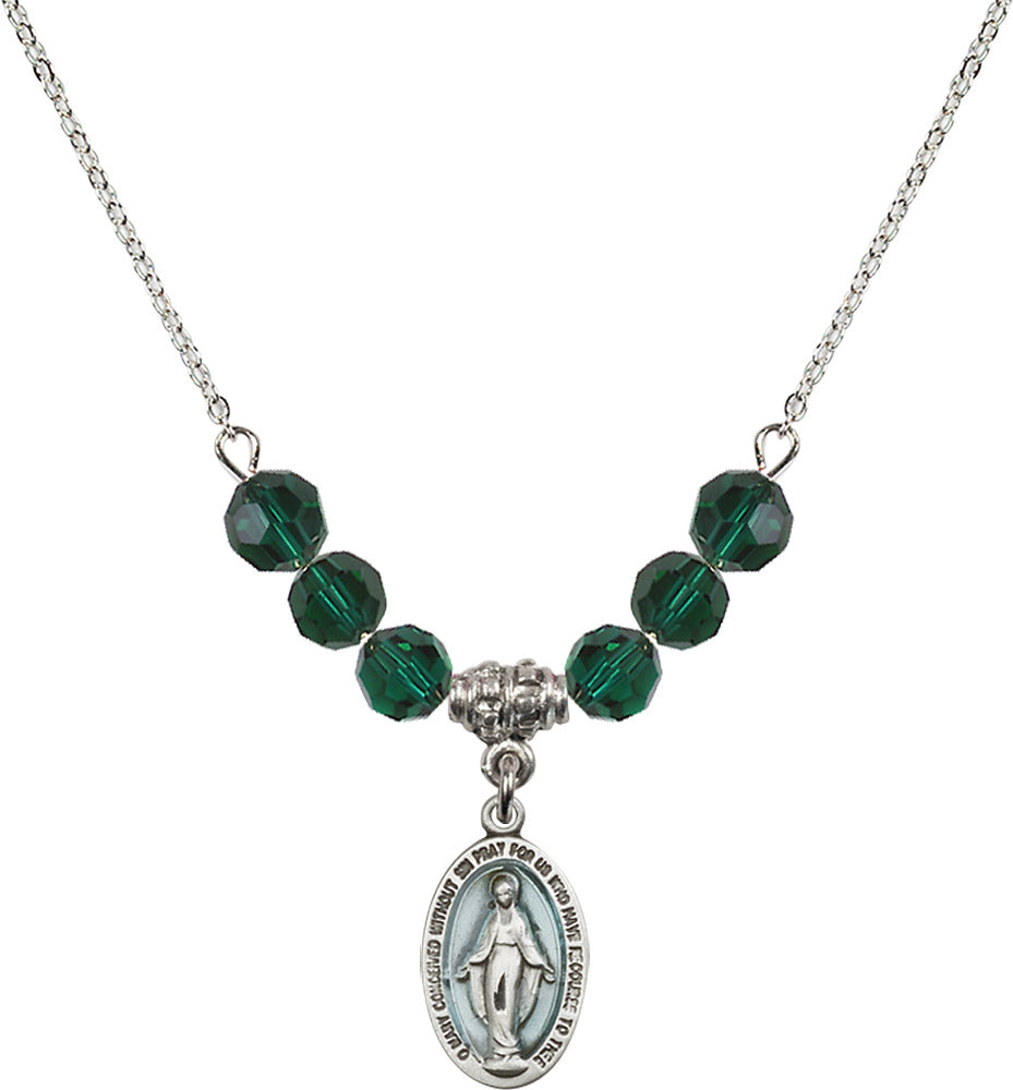 Sterling Silver Miraculous Birthstone Necklace with Emerald Beads - 4122