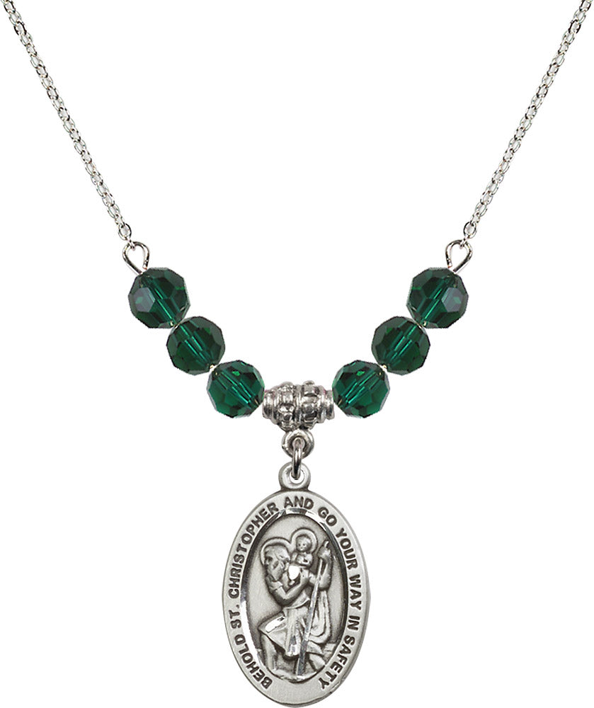 Sterling Silver Saint Christopher Birthstone Necklace with Emerald Beads - 4123