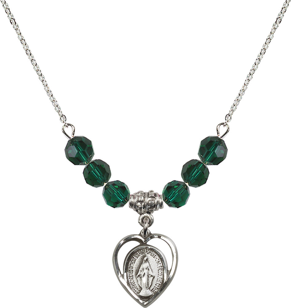 Sterling Silver Miraculous Birthstone Necklace with Emerald Beads - 4125