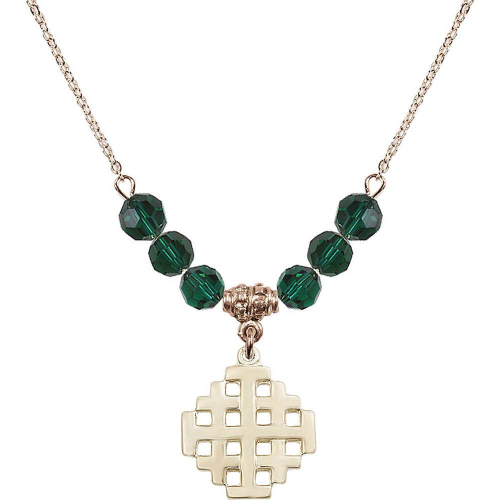 14kt Gold Filled Jerusalem Cross Birthstone Necklace with Emerald Beads - 4139