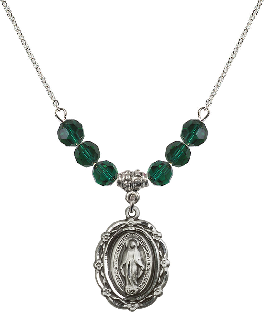 Sterling Silver Miraculous Birthstone Necklace with Emerald Beads - 4146