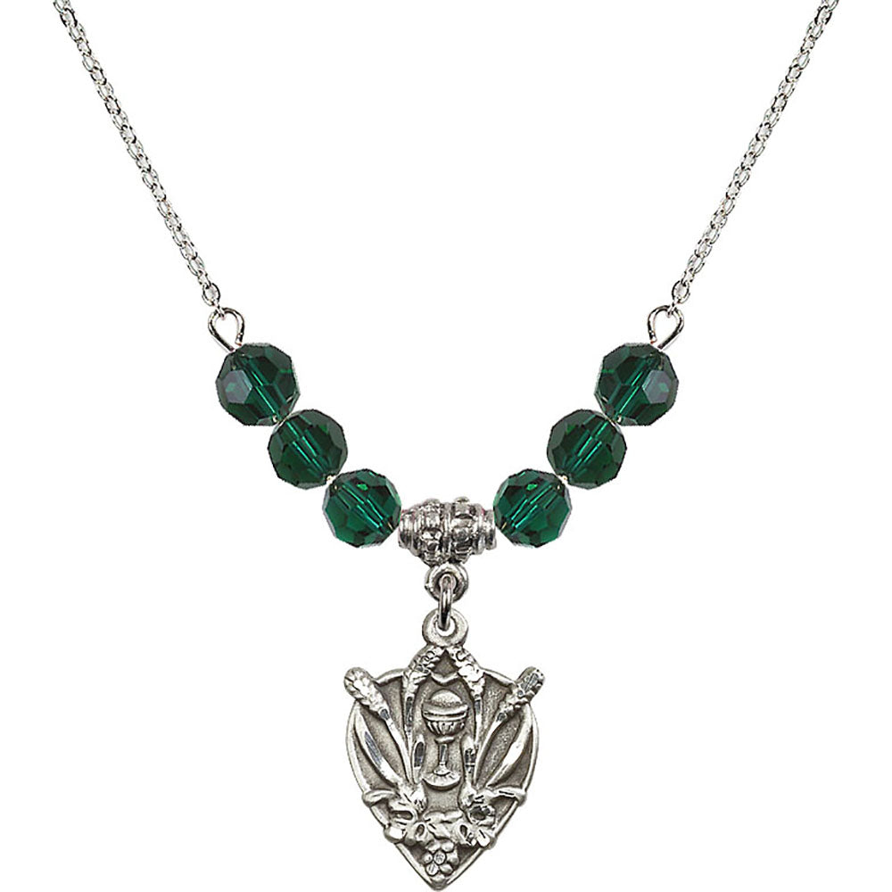 Sterling Silver Communion Birthstone Necklace with Emerald Beads - 4200