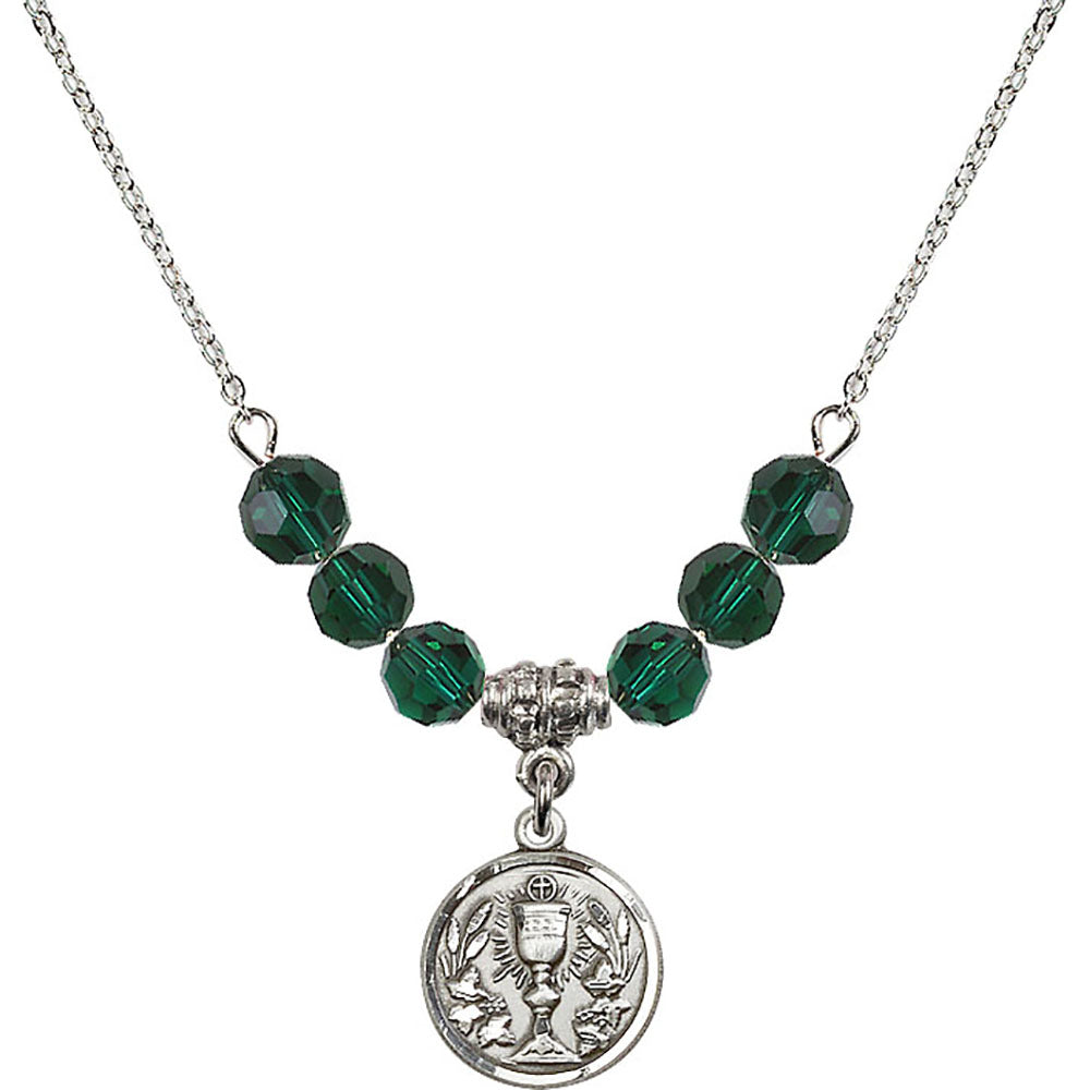 Sterling Silver Communion Chalice Birthstone Necklace with Emerald Beads - 4203
