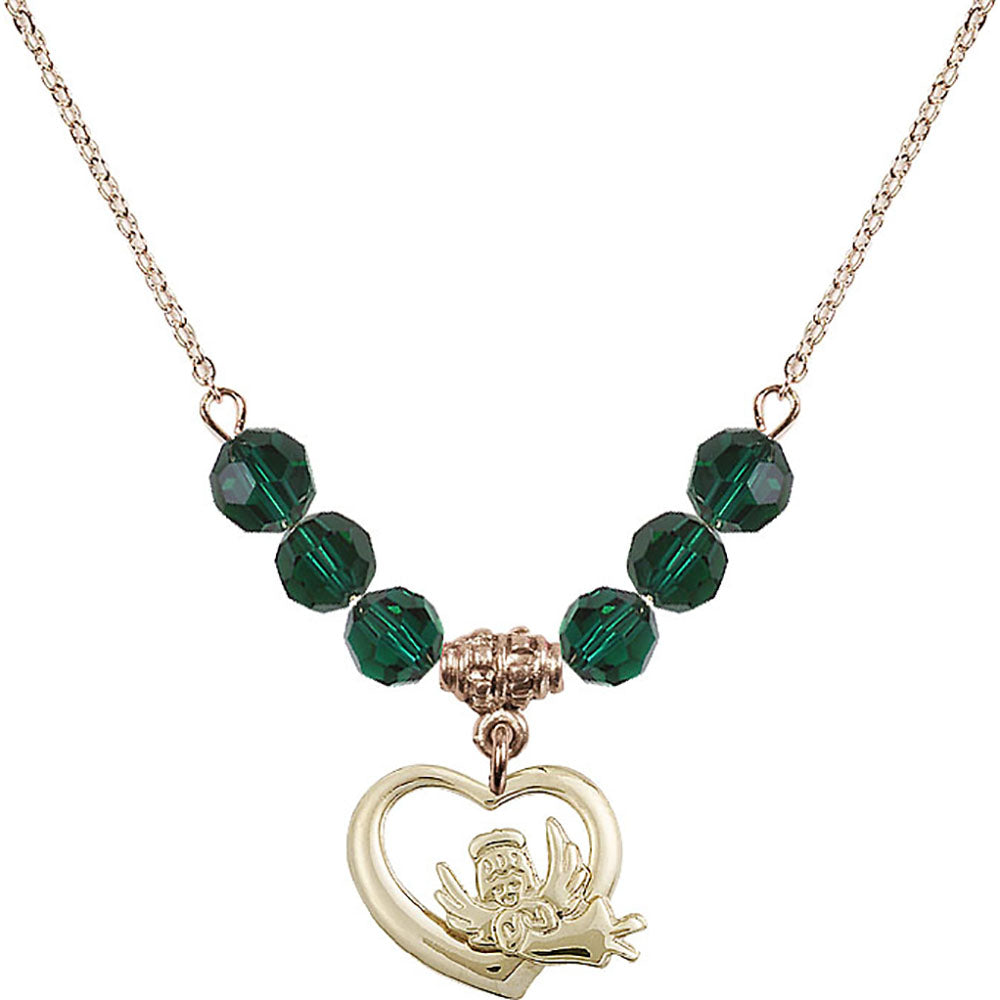 14kt Gold Filled Heart / Guardian Angel Birthstone Necklace with Emerald Beads - 4206