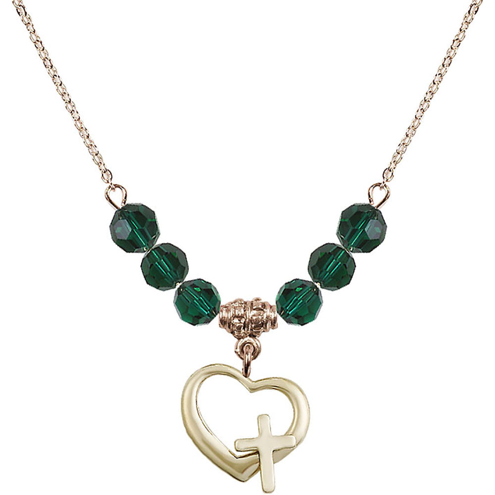 14kt Gold Filled Heart / Cross Birthstone Necklace with Emerald Beads - 4207