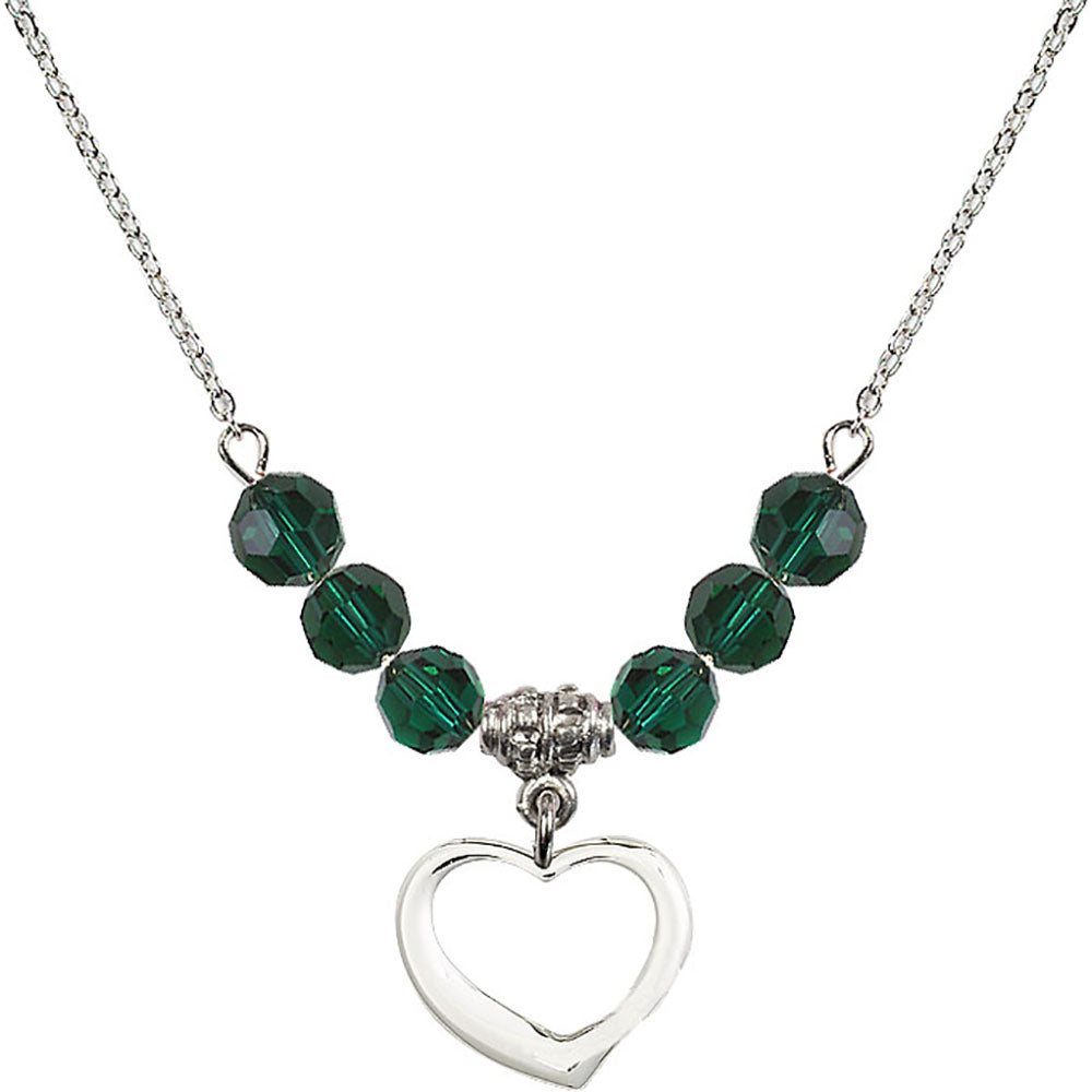 Sterling Silver Heart Birthstone Necklace with Emerald Beads - 4208