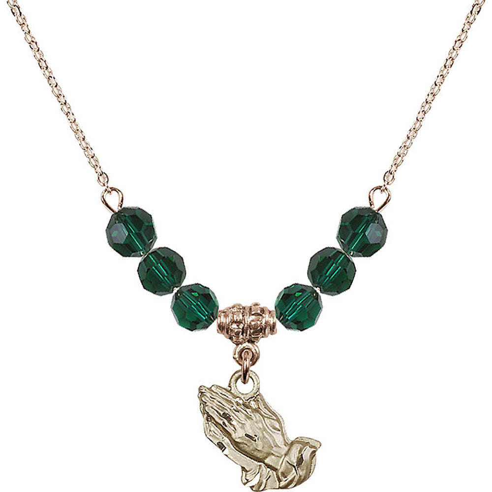 14kt Gold Filled Praying Hands Birthstone Necklace with Emerald Beads - 4219