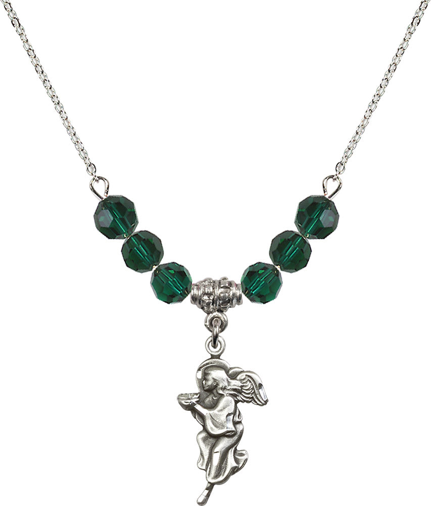 Sterling Silver Guardian Angel Birthstone Necklace with Emerald Beads - 4260
