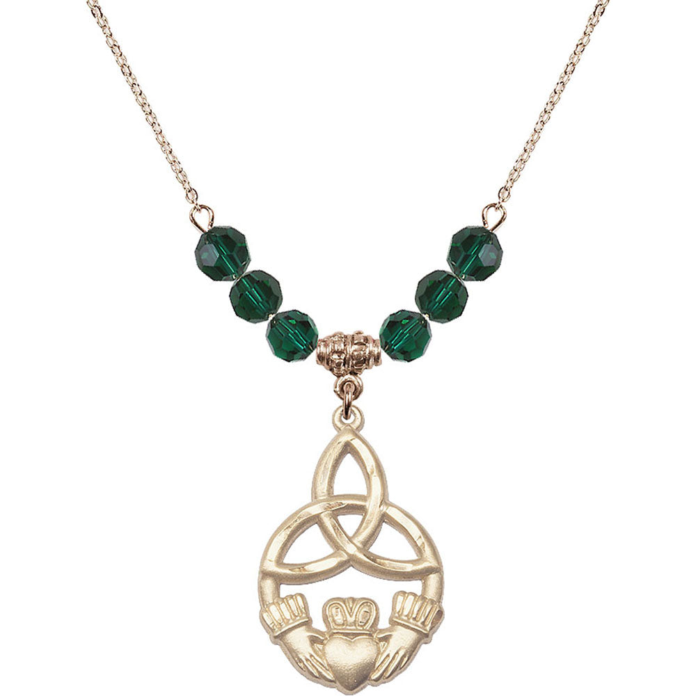 14kt Gold Filled Irish Knot / Claddagh Birthstone Necklace with Emerald Beads - 5102