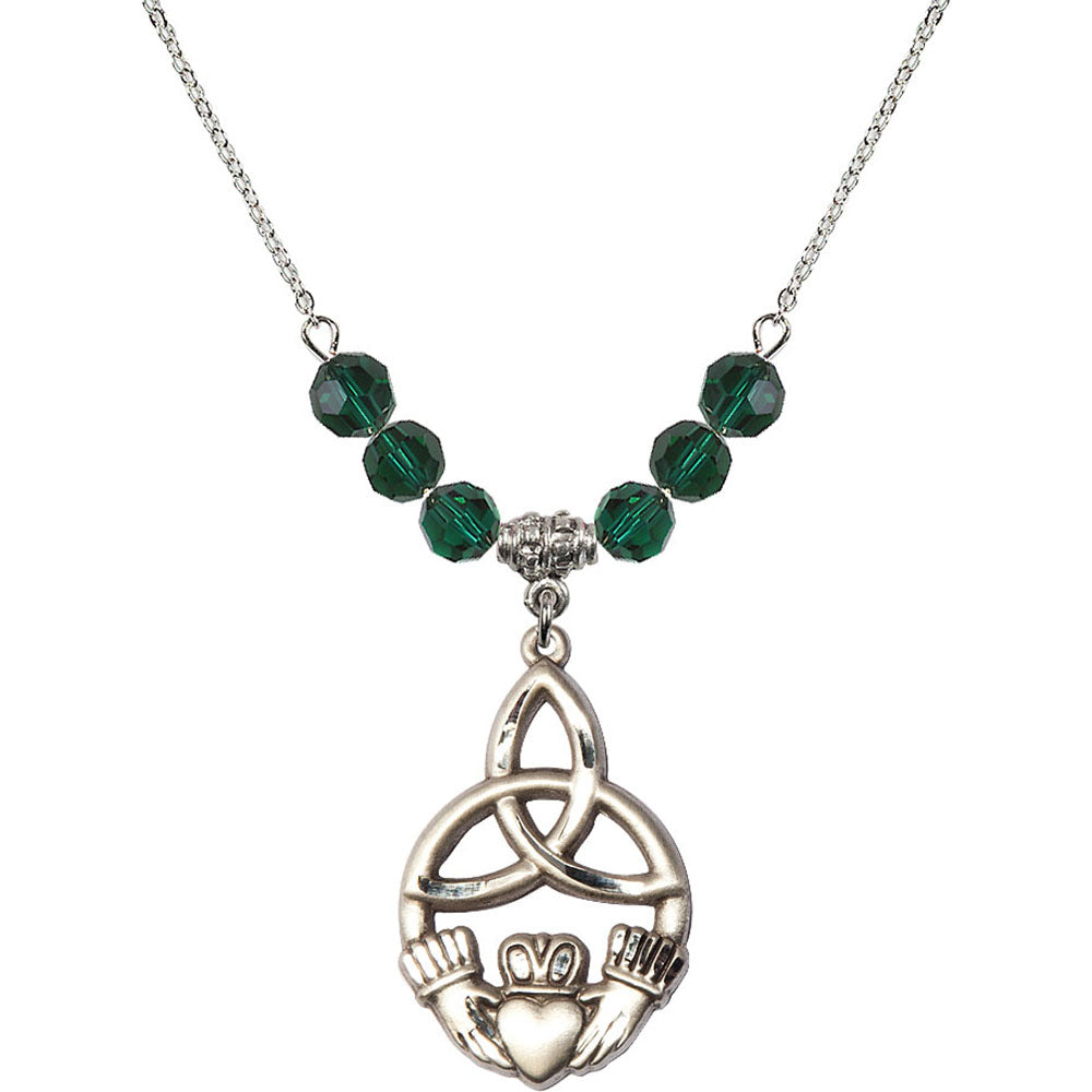 Sterling Silver Irish Knot / Claddagh Birthstone Necklace with Emerald Beads - 5102