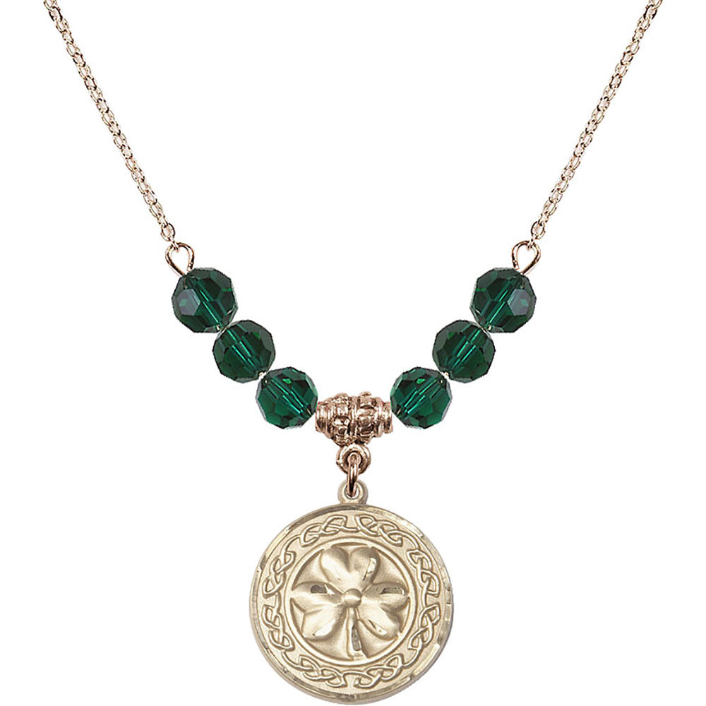 14kt Gold Filled Shamrock w/ Celtic Border Birthstone Necklace with Emerald Beads - 5106