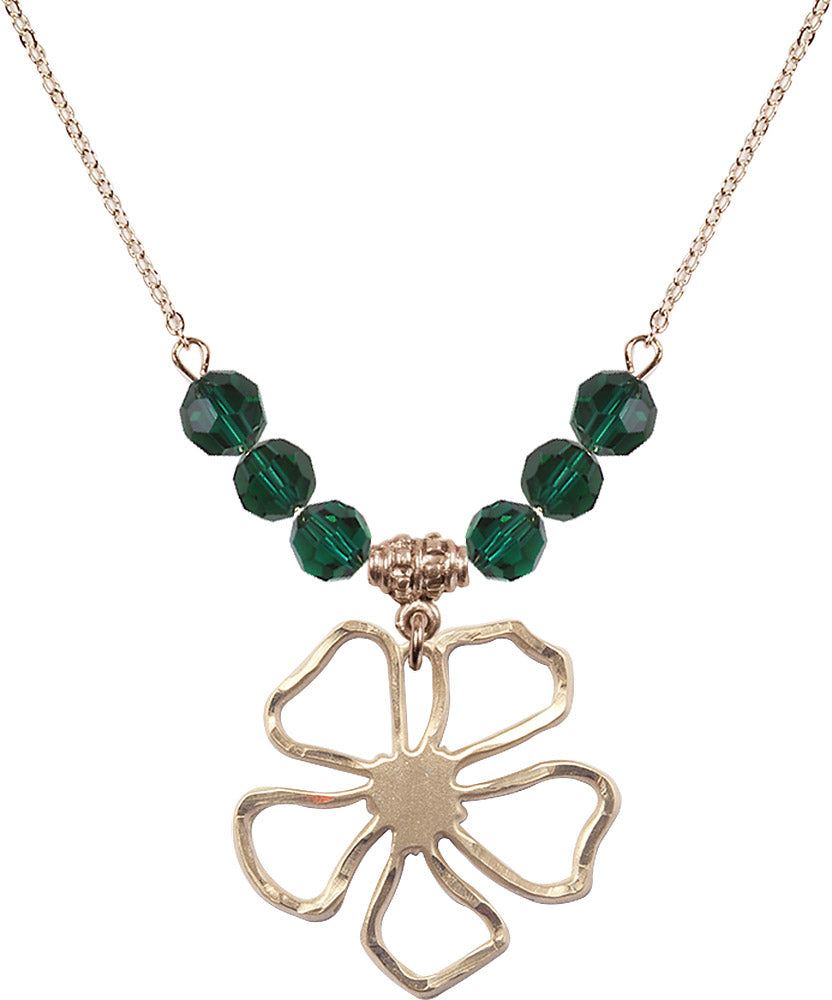 14kt Gold Filled Five Pedal Flower Birthstone Necklace with Emerald Beads - 5109