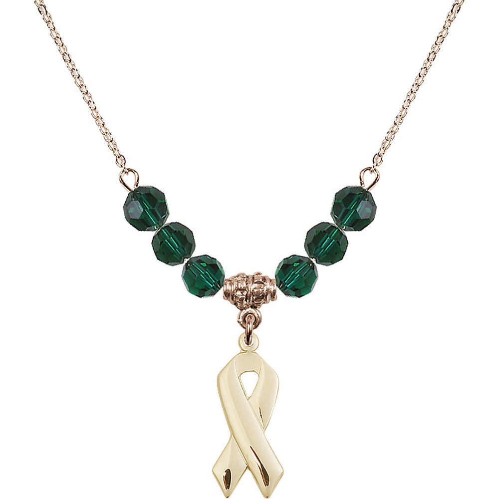 14kt Gold Filled Cancer Awareness Birthstone Necklace with Emerald Beads - 5150