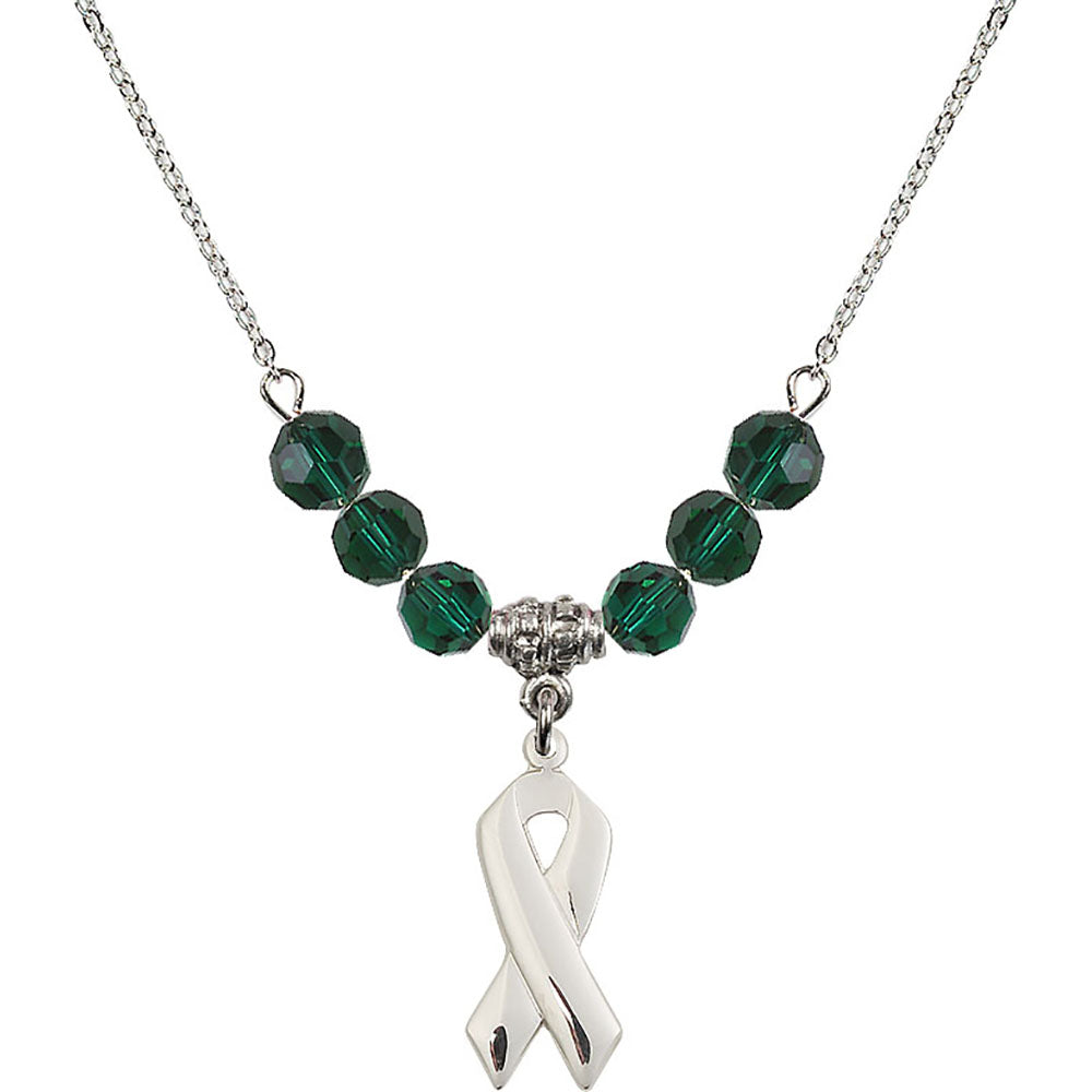 Sterling Silver Cancer Awareness Birthstone Necklace with Emerald Beads - 5150