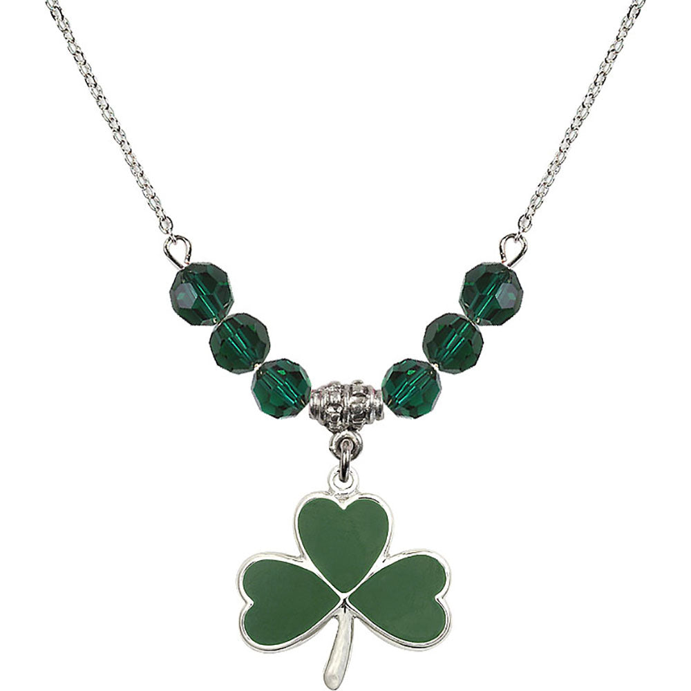 Sterling Silver Shamrock Birthstone Necklace with Emerald Beads - 5248