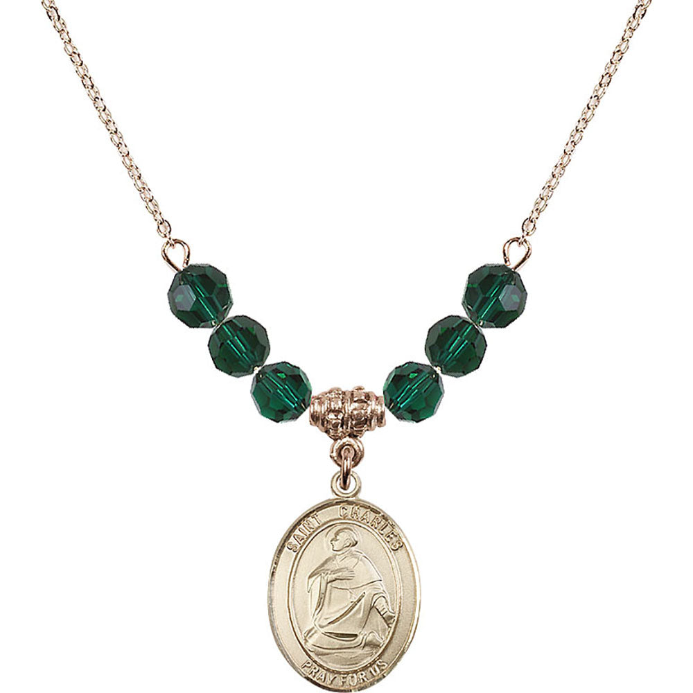 14kt Gold Filled Saint Charles Borromeo Birthstone Necklace with Emerald Beads - 8020