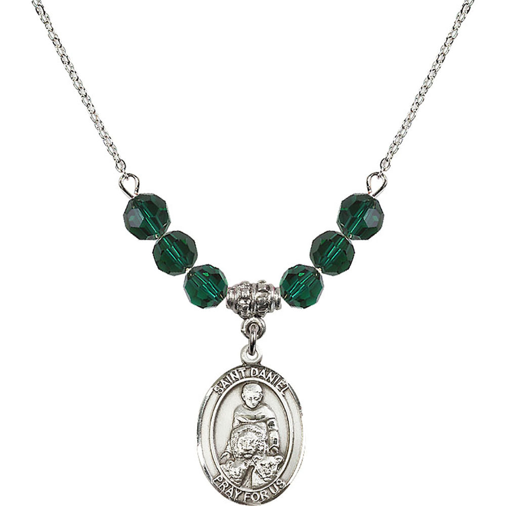 Sterling Silver Saint Daniel Birthstone Necklace with Emerald Beads - 8024