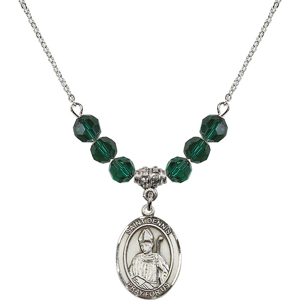 Sterling Silver Saint Dennis Birthstone Necklace with Emerald Beads - 8025