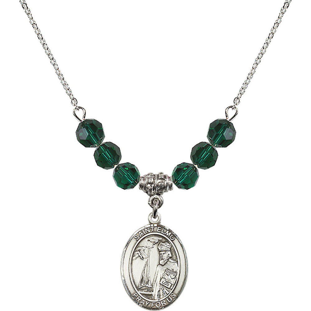 Sterling Silver Saint Elmo Birthstone Necklace with Emerald Beads - 8031