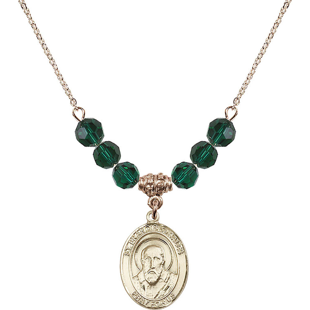14kt Gold Filled Saint Francis de Sales Birthstone Necklace with Emerald Beads - 8035