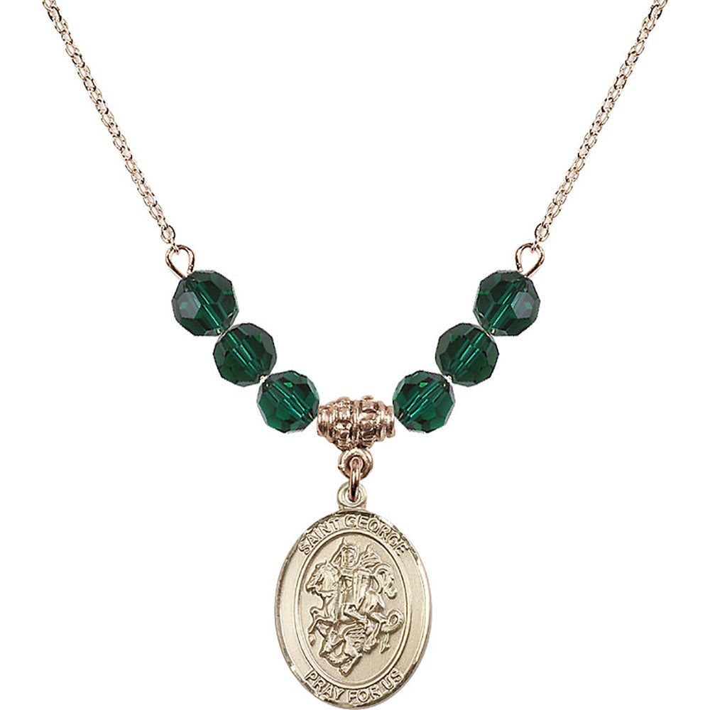14kt Gold Filled Saint George Birthstone Necklace with Emerald Beads - 8040