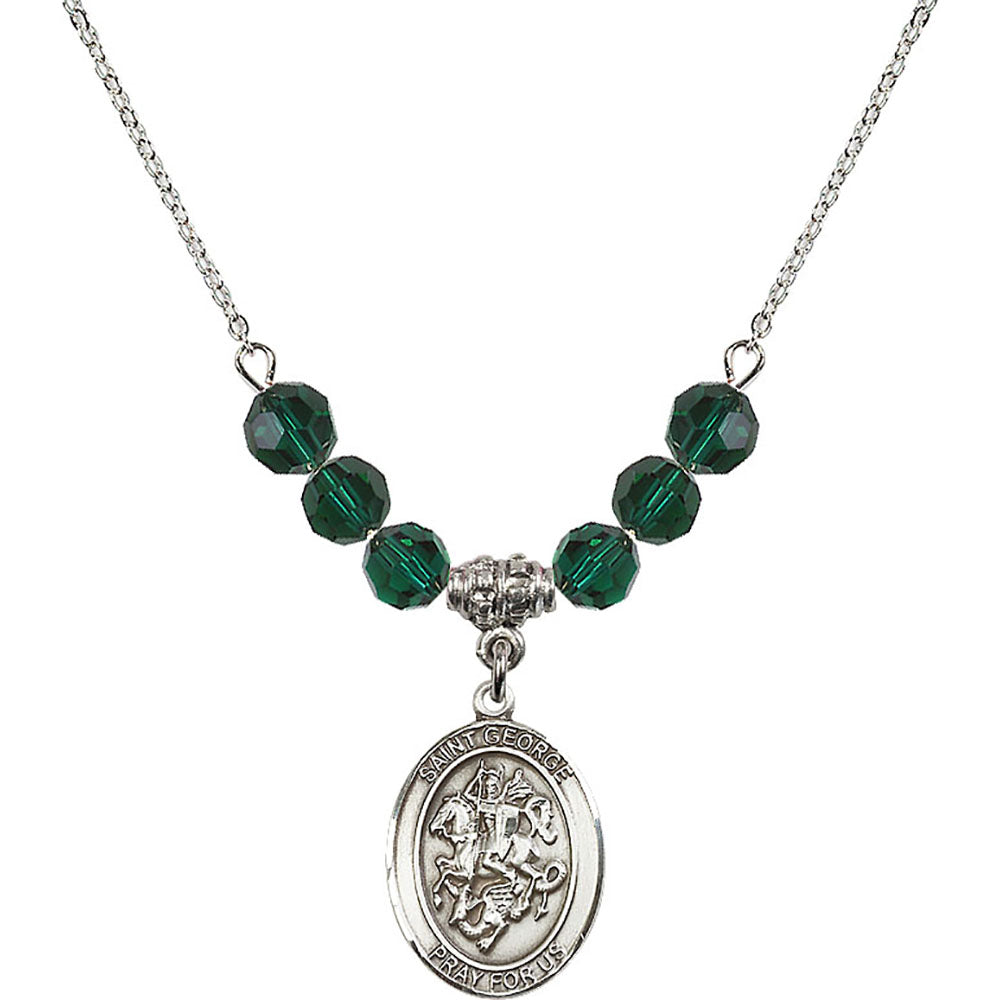 Sterling Silver Saint George Birthstone Necklace with Emerald Beads - 8040