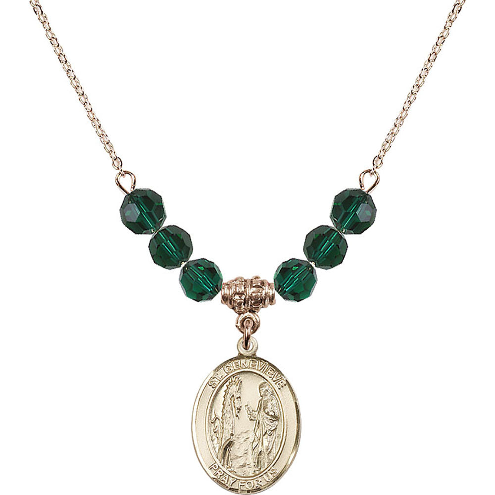 14kt Gold Filled Saint Genevieve Birthstone Necklace with Emerald Beads - 8041