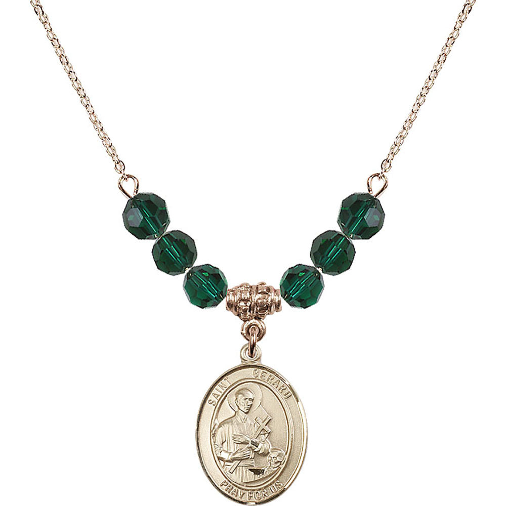 14kt Gold Filled Saint Gerard Majella Birthstone Necklace with Emerald Beads - 8042