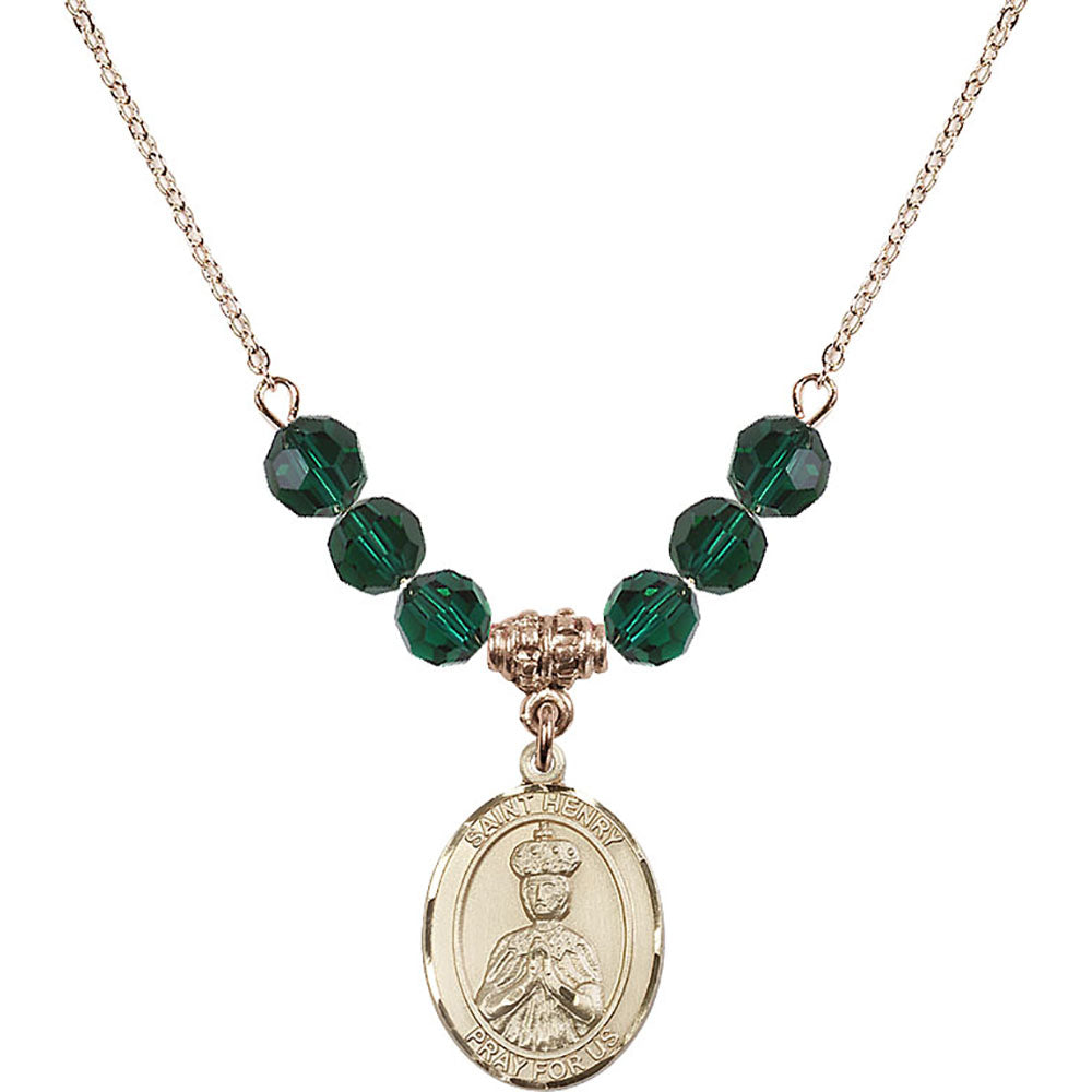 14kt Gold Filled Saint Henry II Birthstone Necklace with Emerald Beads - 8046