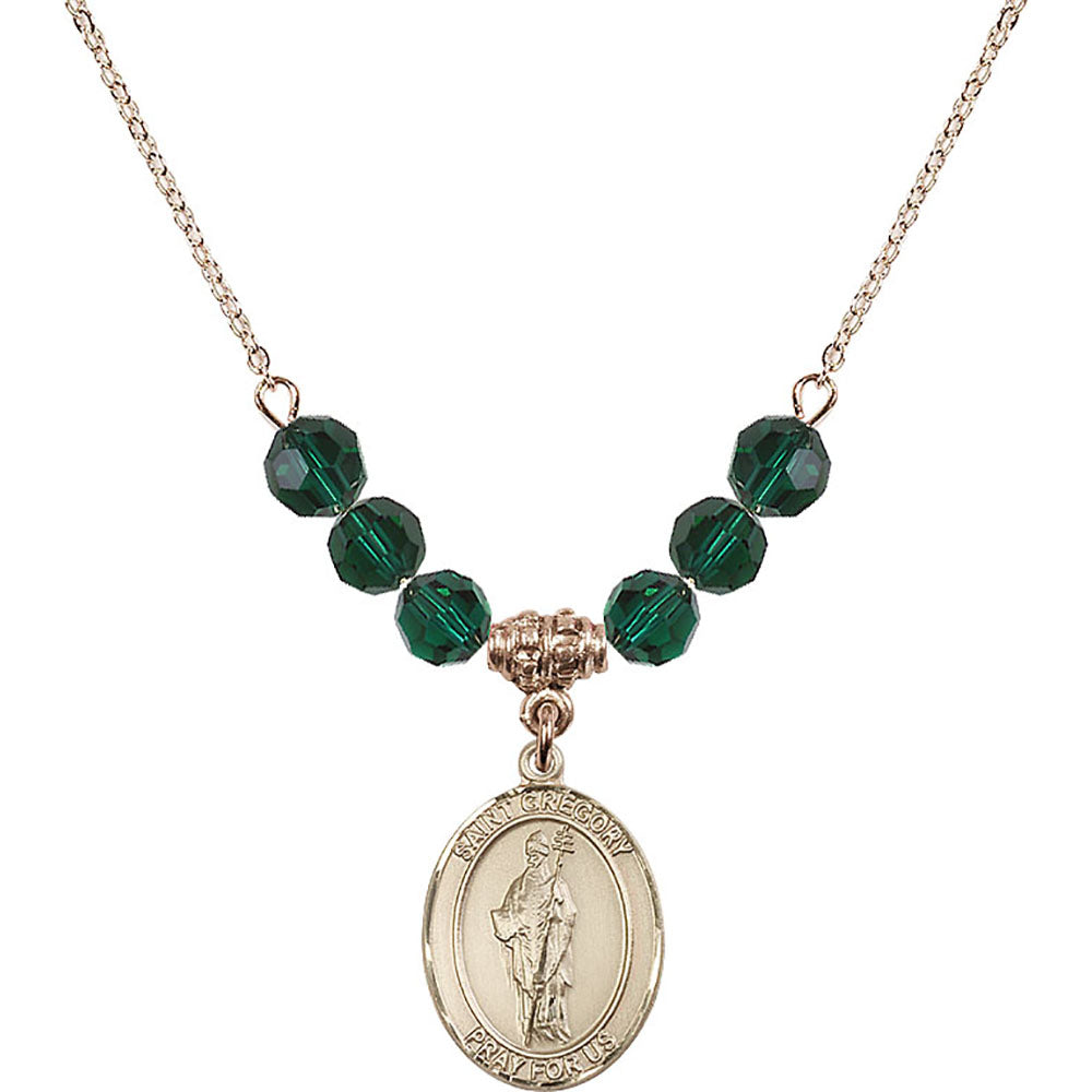 14kt Gold Filled Saint Gregory the Great Birthstone Necklace with Emerald Beads - 8048