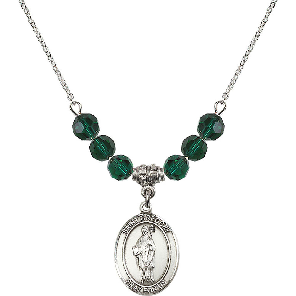 Sterling Silver Saint Gregory the Great Birthstone Necklace with Emerald Beads - 8048