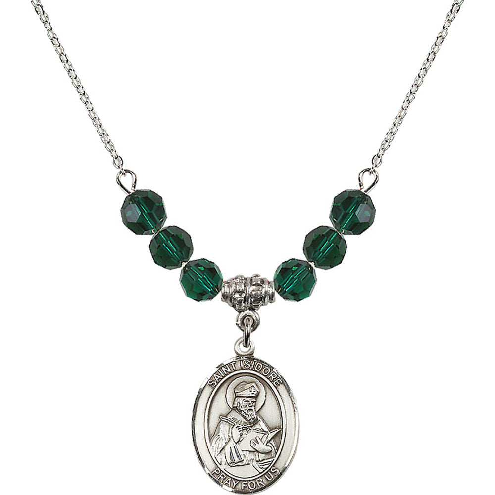Sterling Silver Saint Isidore of Seville Birthstone Necklace with Emerald Beads - 8049
