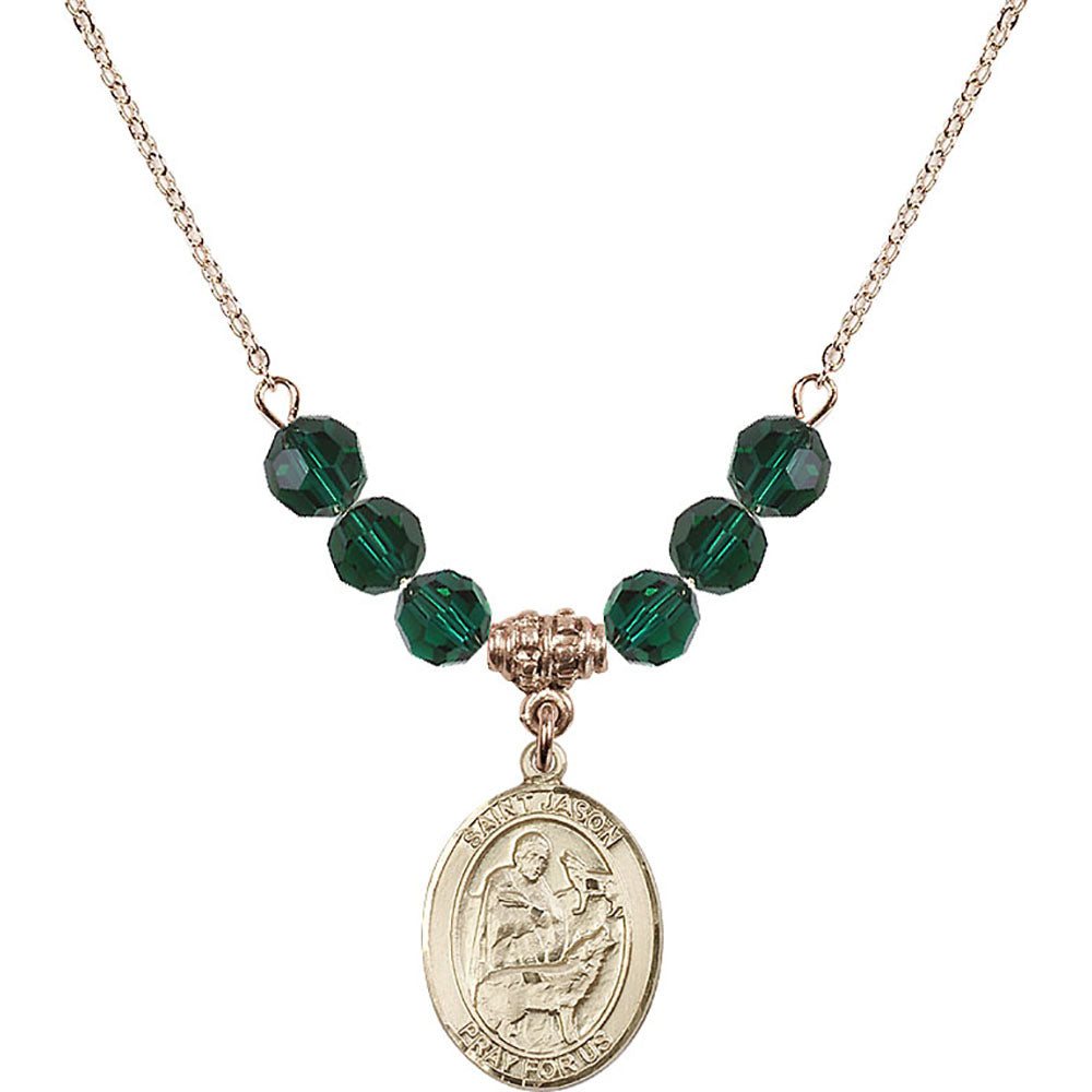 14kt Gold Filled Saint Jason Birthstone Necklace with Emerald Beads - 8051