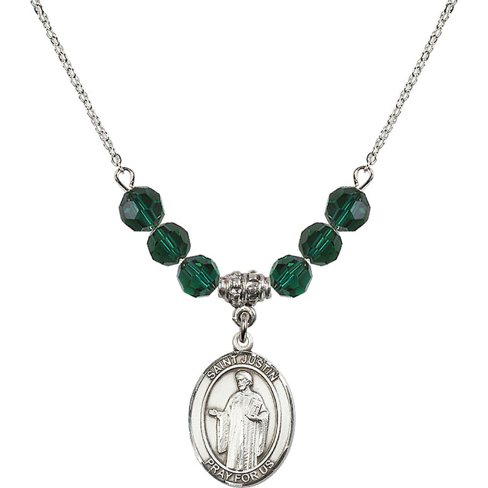 Sterling Silver Saint Justin Birthstone Necklace with Emerald Beads - 8052