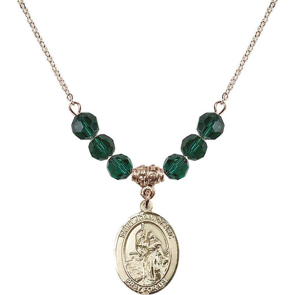 14kt Gold Filled Saint Joan of Arc Birthstone Necklace with Emerald Beads - 8053
