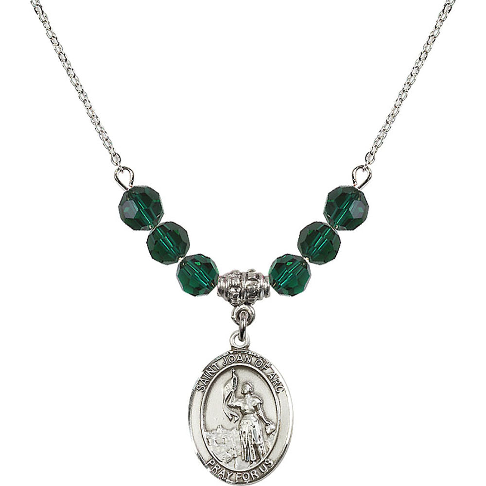 Sterling Silver Saint Joan of Arc Birthstone Necklace with Emerald Beads - 8053