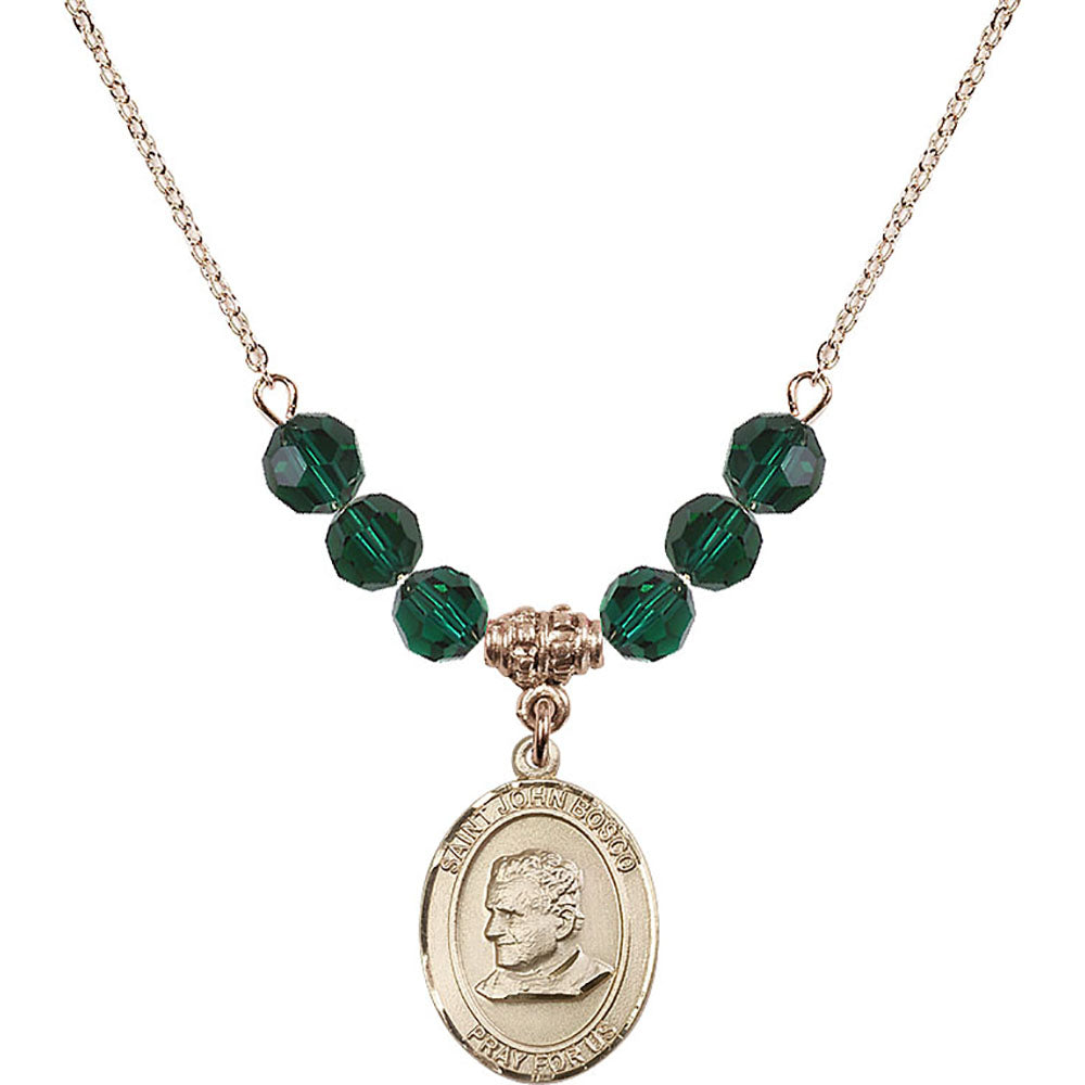 14kt Gold Filled Saint John Bosco Birthstone Necklace with Emerald Beads - 8055