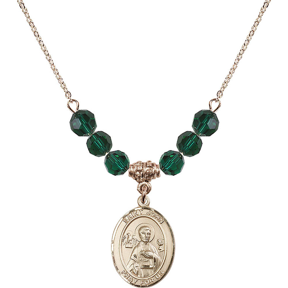 14kt Gold Filled Saint John the Apostle Birthstone Necklace with Emerald Beads - 8056